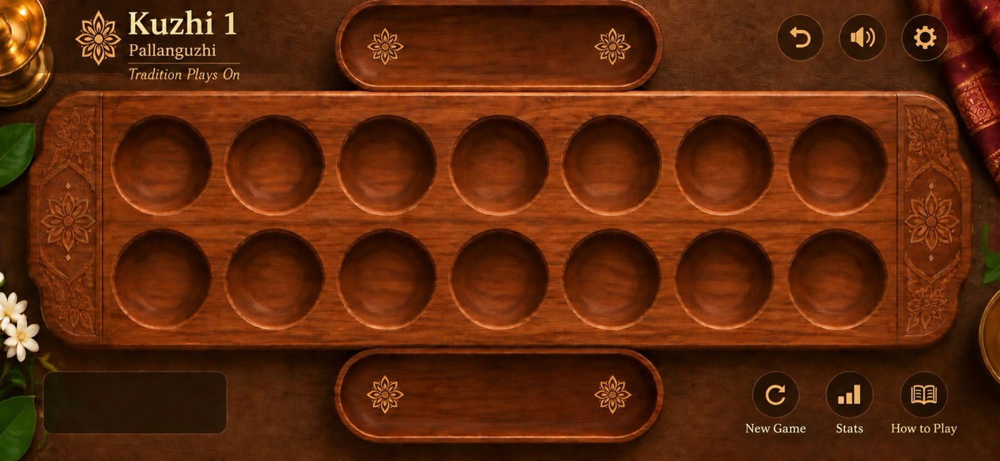 Kuzhi 1 — the carved wooden Pallankuzhi board