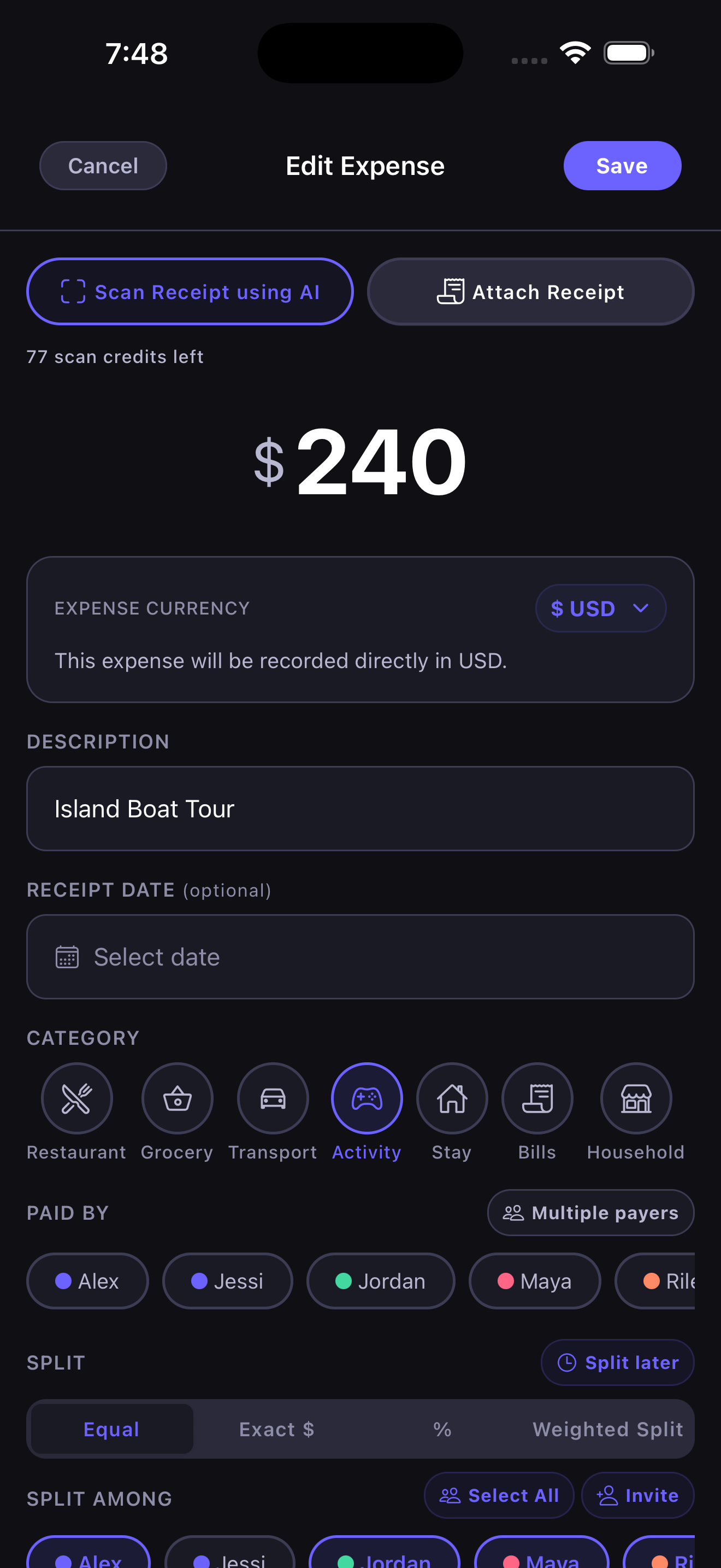 Pangu add expense screen with Multiple Payers