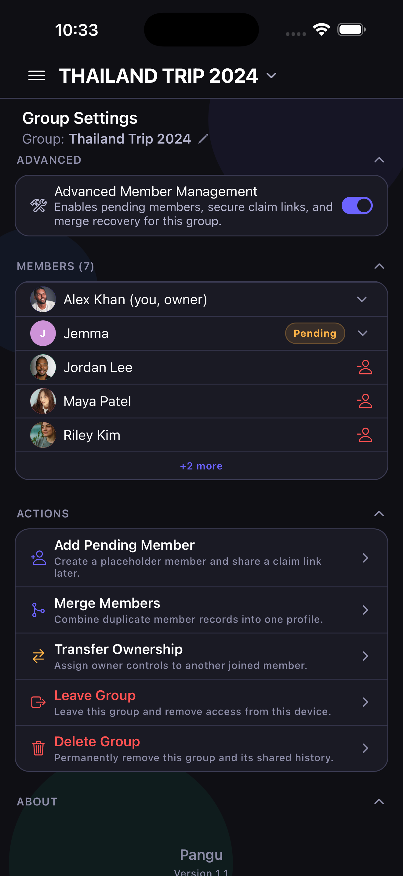 Pangu Group Settings screen