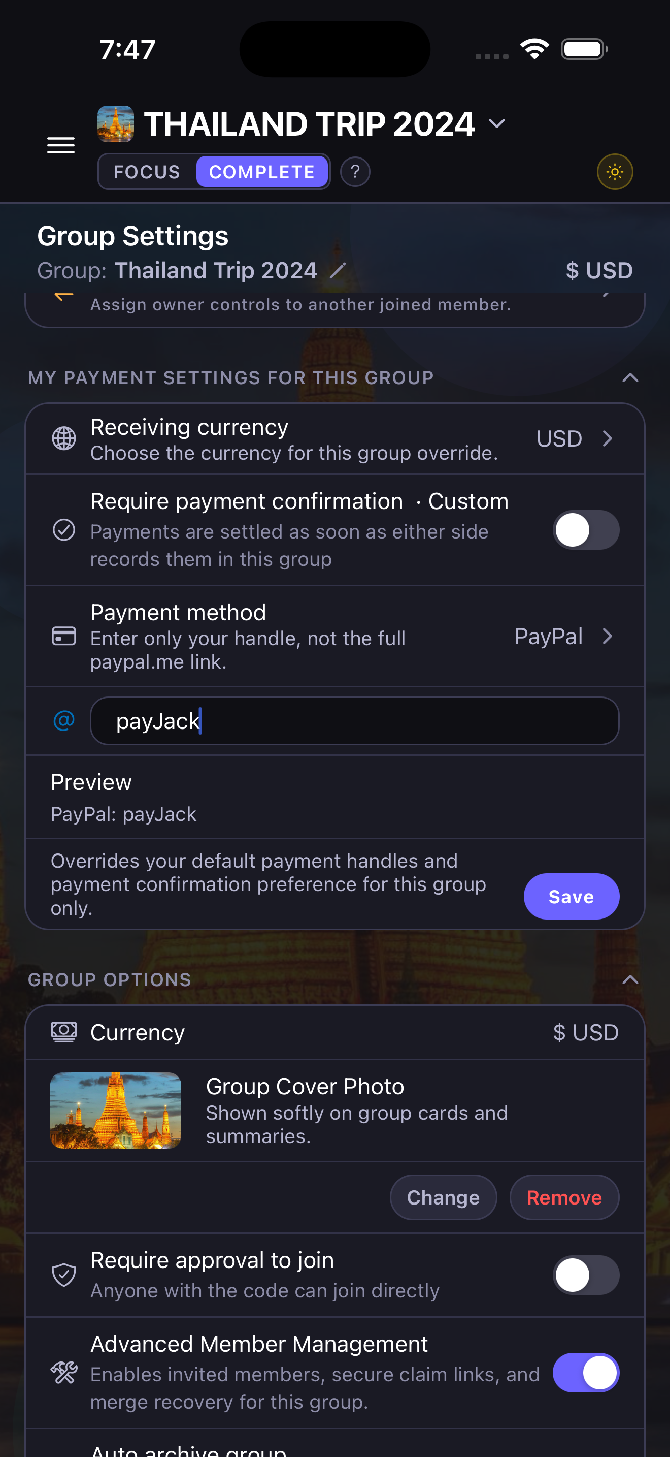 Pangu Group Settings screen with payment preferences