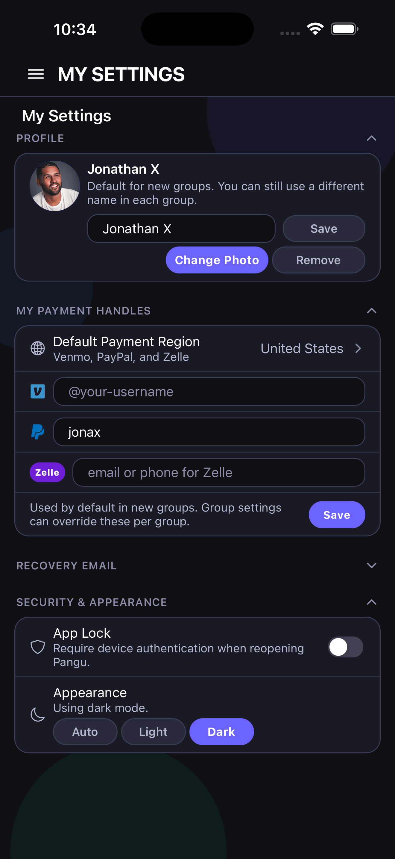 Pangu My Settings screen